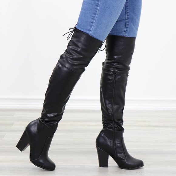 Shoes - Restock Faux Leather Thigh High Boots Lace Up Back